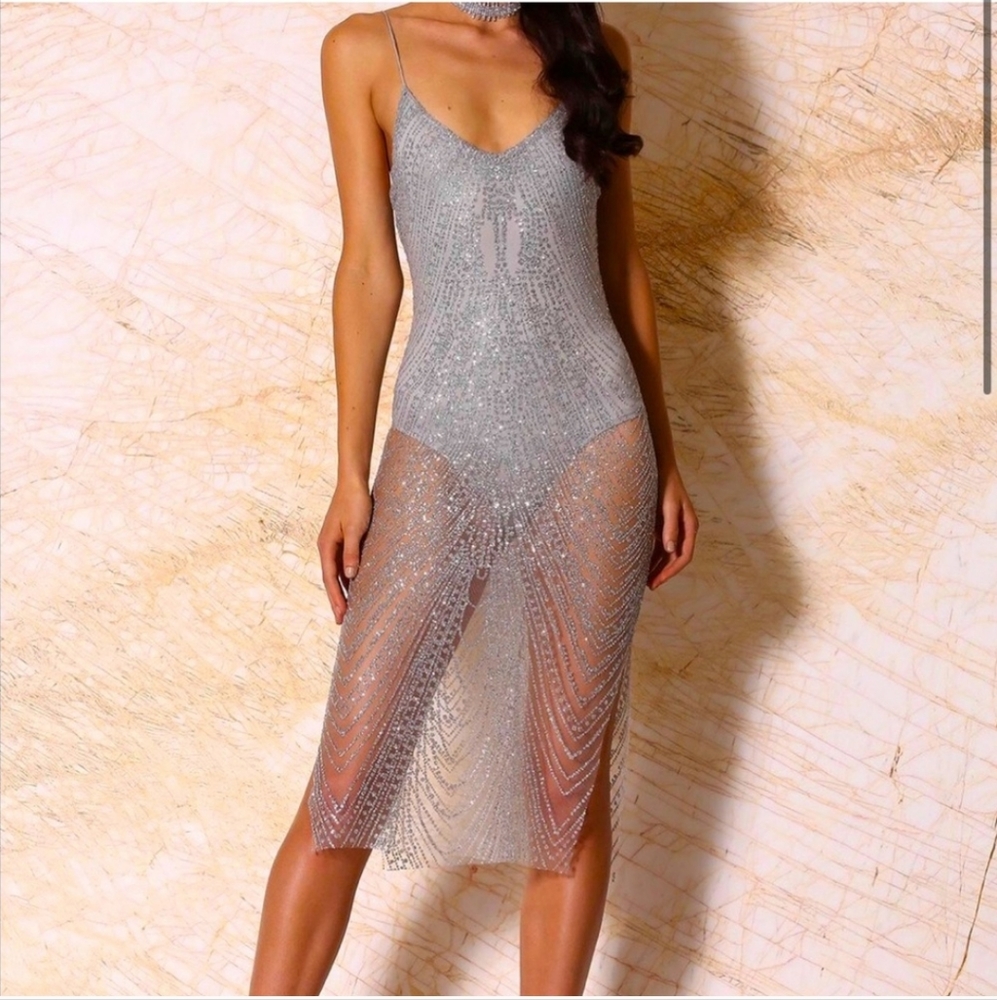 Meshki Aviana Lookalike Sheer Jeweled Silver Midi Dress/Bodysuit